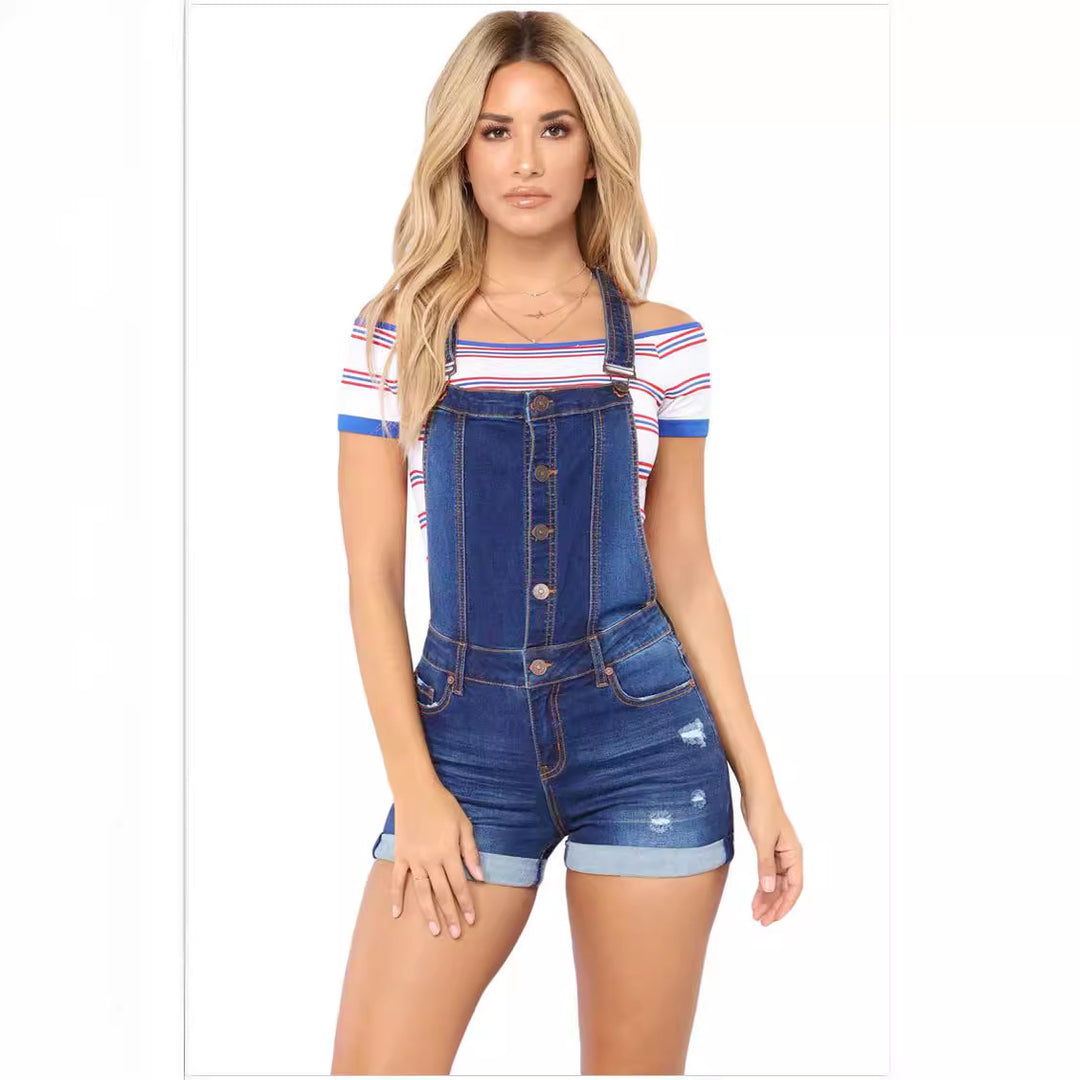 Dame Jeans-suspendershorts med stilfulde ødelagte detaljer og justerbare stropper Stilla
