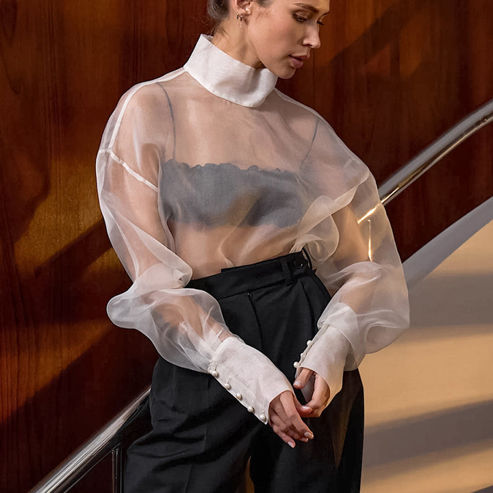 Dame Gennemsigtig Bluse med Puffærmer og elegant Ståkrave Stilla