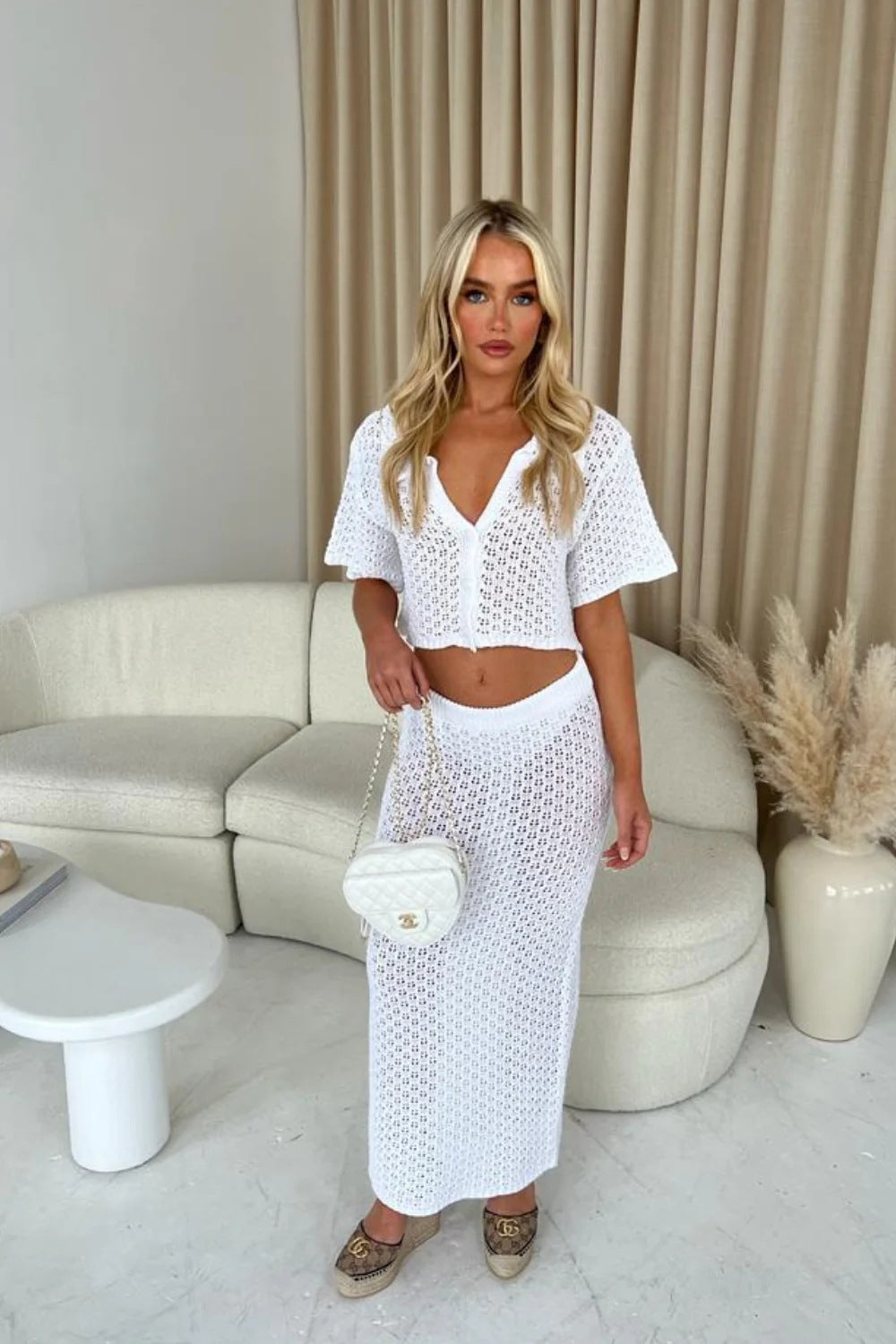 Dame Lækkert Strik Sæt med elegant Crop-Top og Maxiskørt Stilla