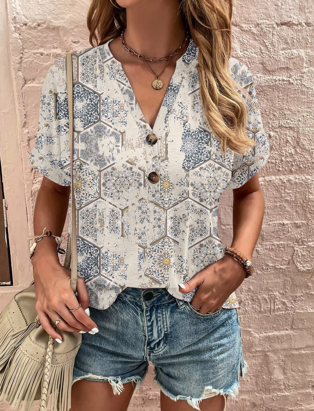 Dame kortærmet bluse med floral tryk Stilla