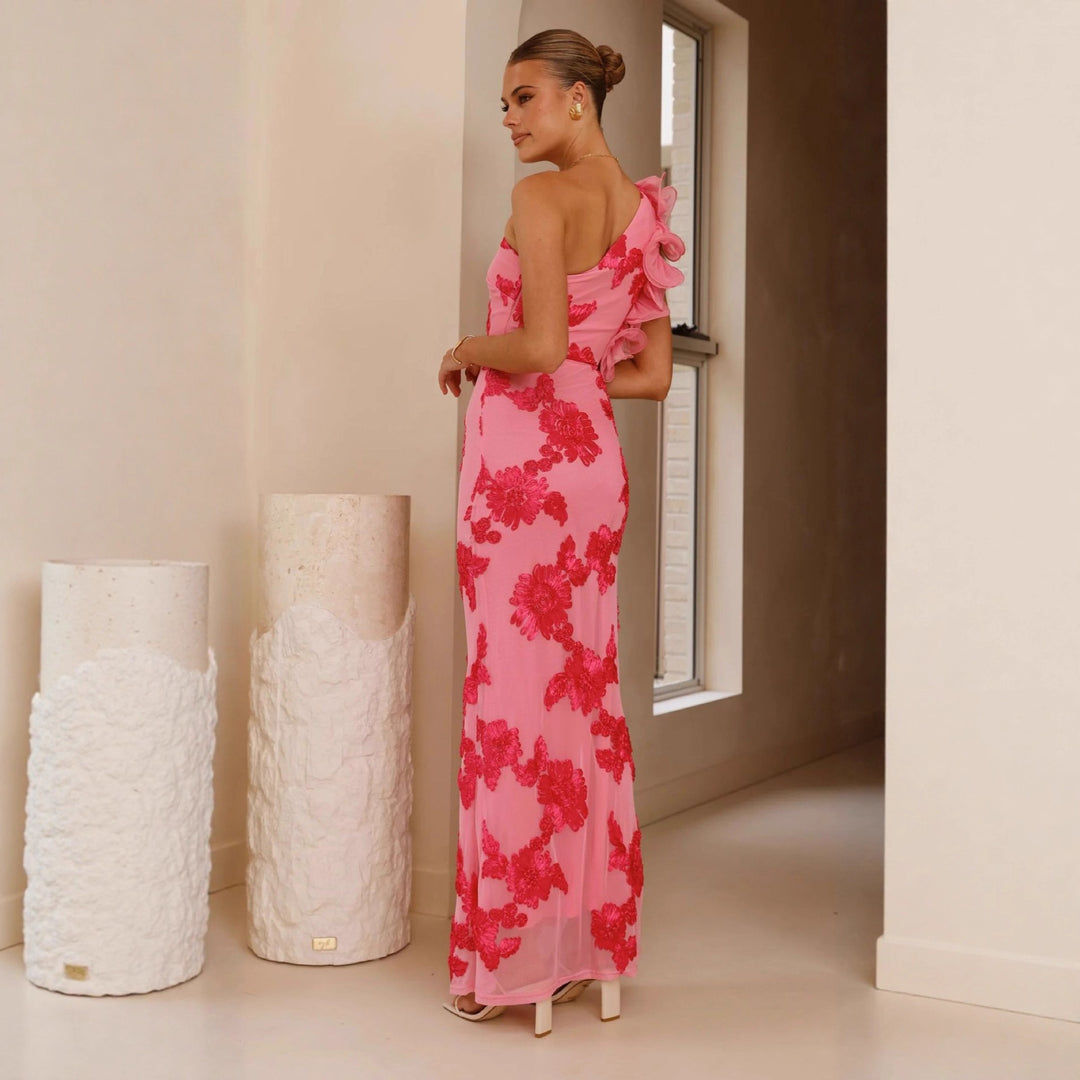 Kvinder Elegant Aftenkjole med Asymmetrisk Strop og Blomster Applikationer Stilla