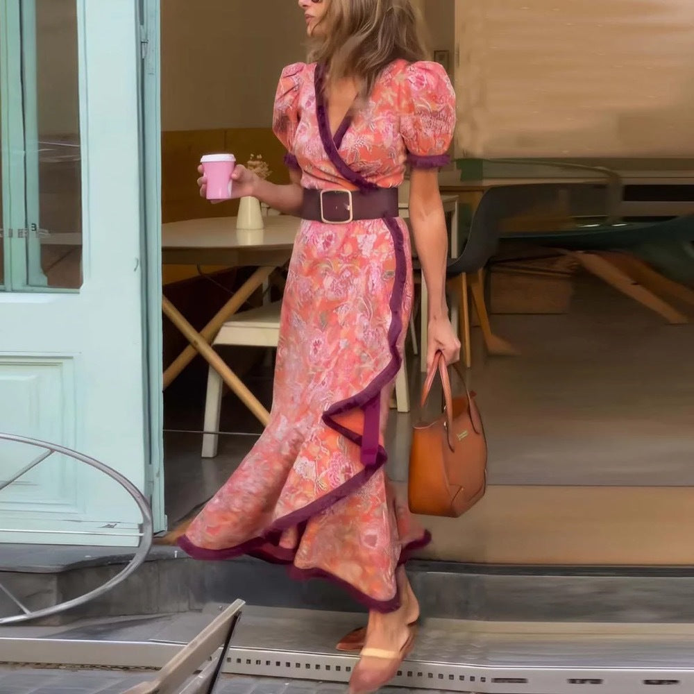 Dame Floral Print Maxi Wrap Kjole med Puffærmer Stilla