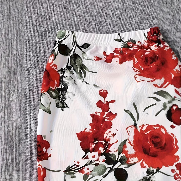 Dame Elegant blyantskørt med blomster mønstre og elastisk talje Stilla