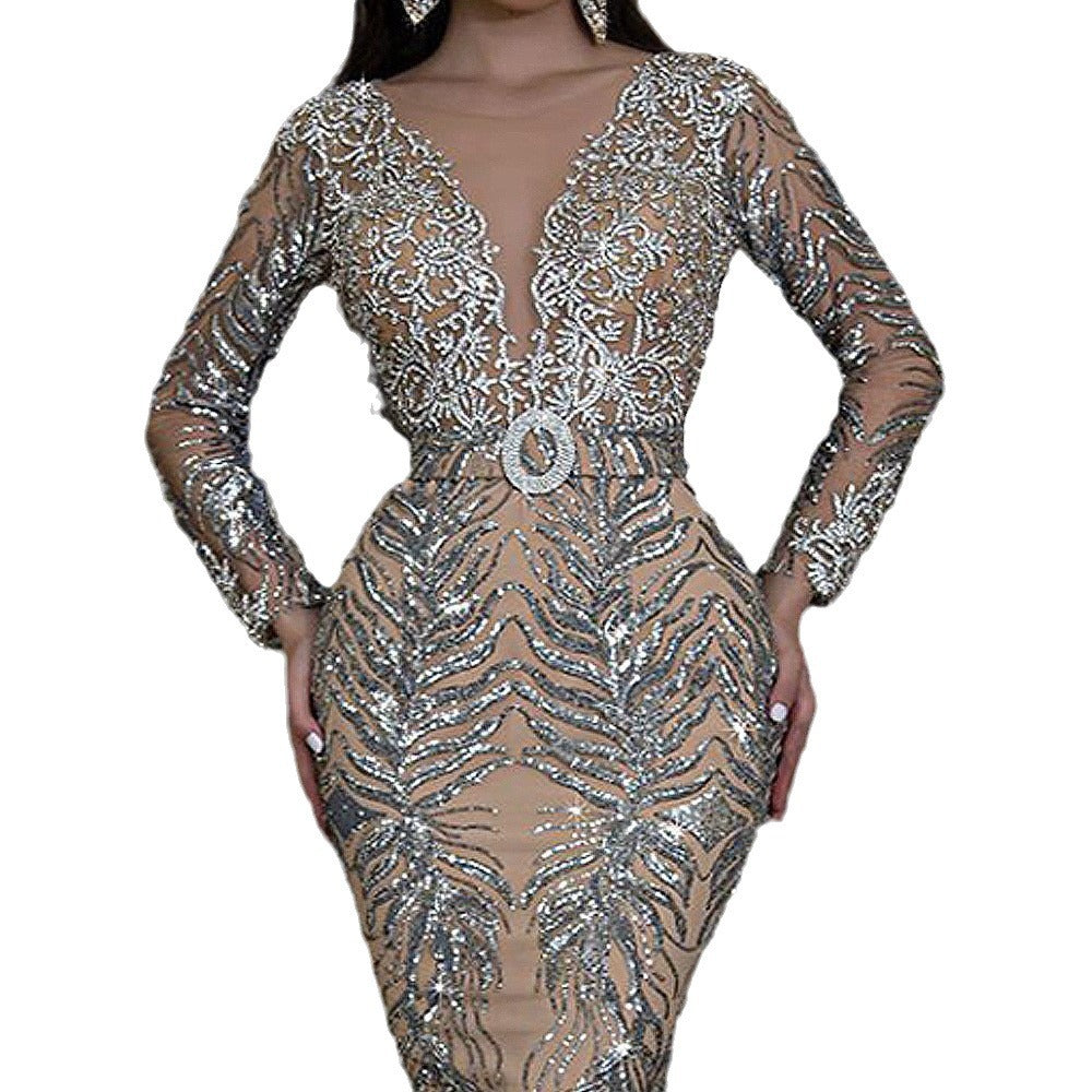 Dame Glamourøse Couture-aftenkjole med transparente ærmer og detaljeret palietbroderi Stilla