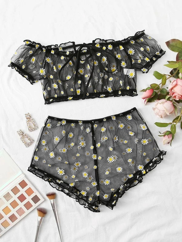 Dame Gennemsigtig Floral Loungewear Sæt Stilla
