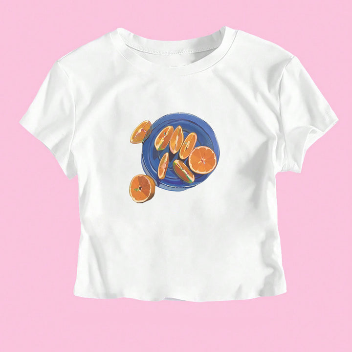 Dame Crop-T-Shirt med frugtagtig design og afslappet skæring Skovae