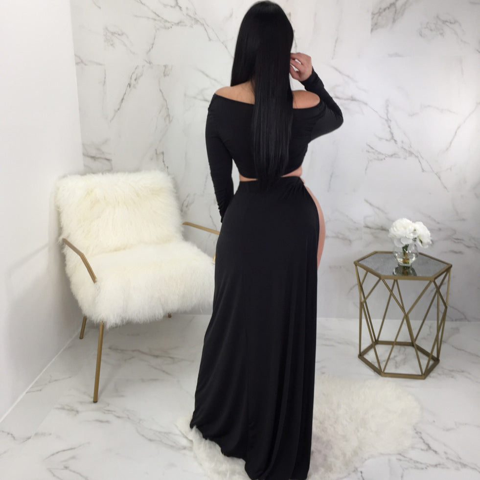 Dame Elegant Cut-Out Maxikjole med asymmetrisk snit og lange ærmer Stilla