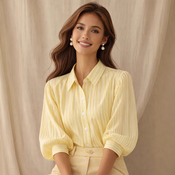 Dame Elegant Bluse med struktureret stribemønster og moderne puffærmer Skovae