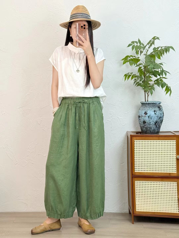 Dame Casual Højtaljede Linned-Culottes med elastiske Ankelslutninger Stilla