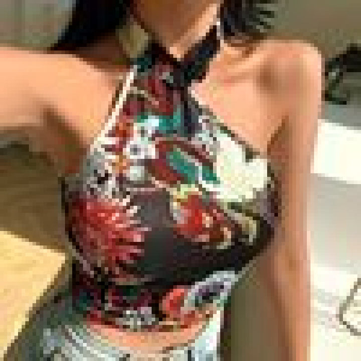 Dame Halter Neck Croptop med floral tryk Stilla