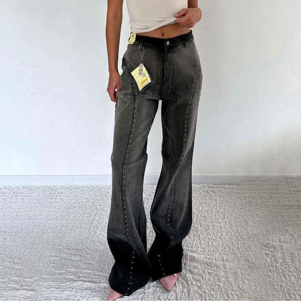 Dame Mode Højtaljede Jeans med Stud Dekoration Stilla