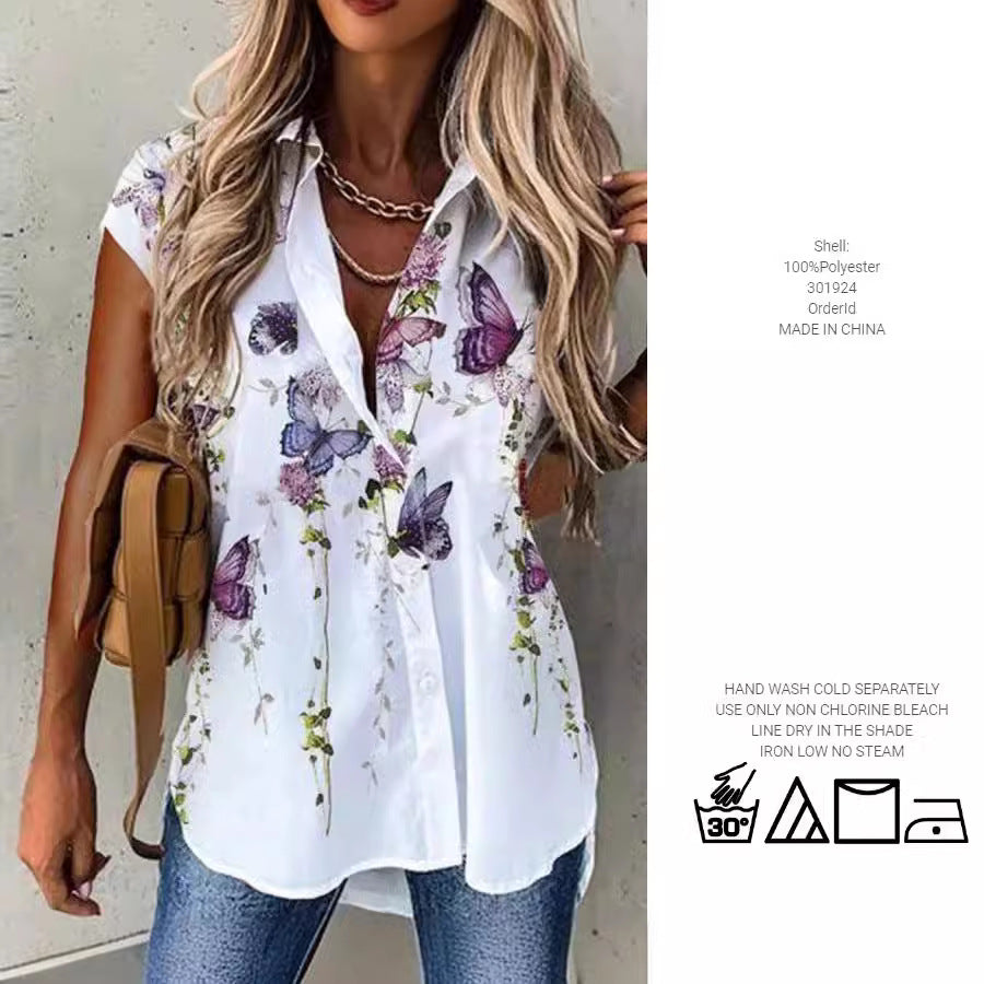 Dame kortærmet bluse med blomsterprint og knapliste Stilla