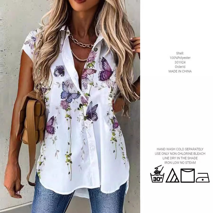 Dame kortærmet bluse med blomsterprint og knapliste Stilla