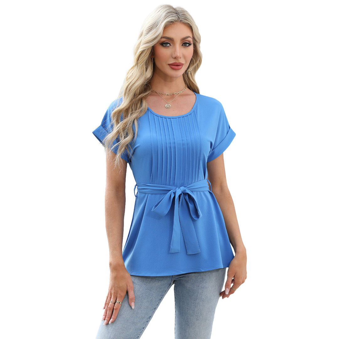 Dame elegant bluse med talje bælte og folder Stilla