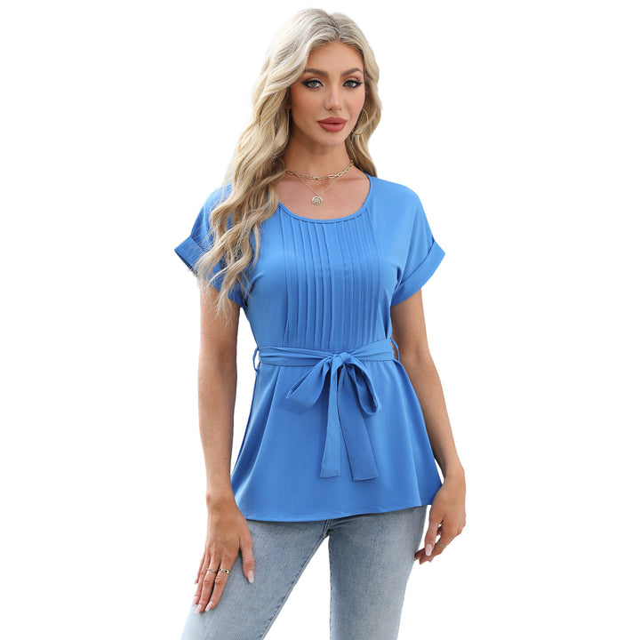 Dame elegant bluse med talje bælte og folder Stilla