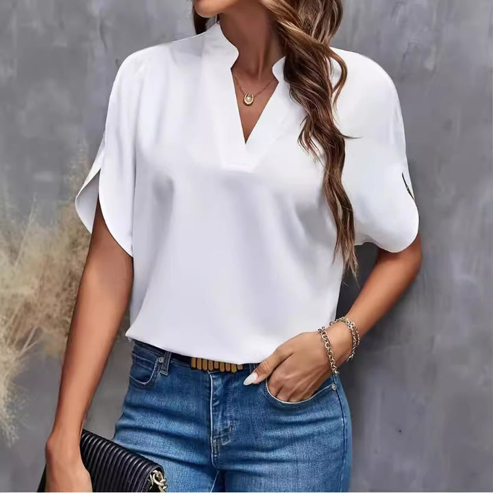 Damer elegant bluse med halvlange ærmer og moderne ståkrave Skovae