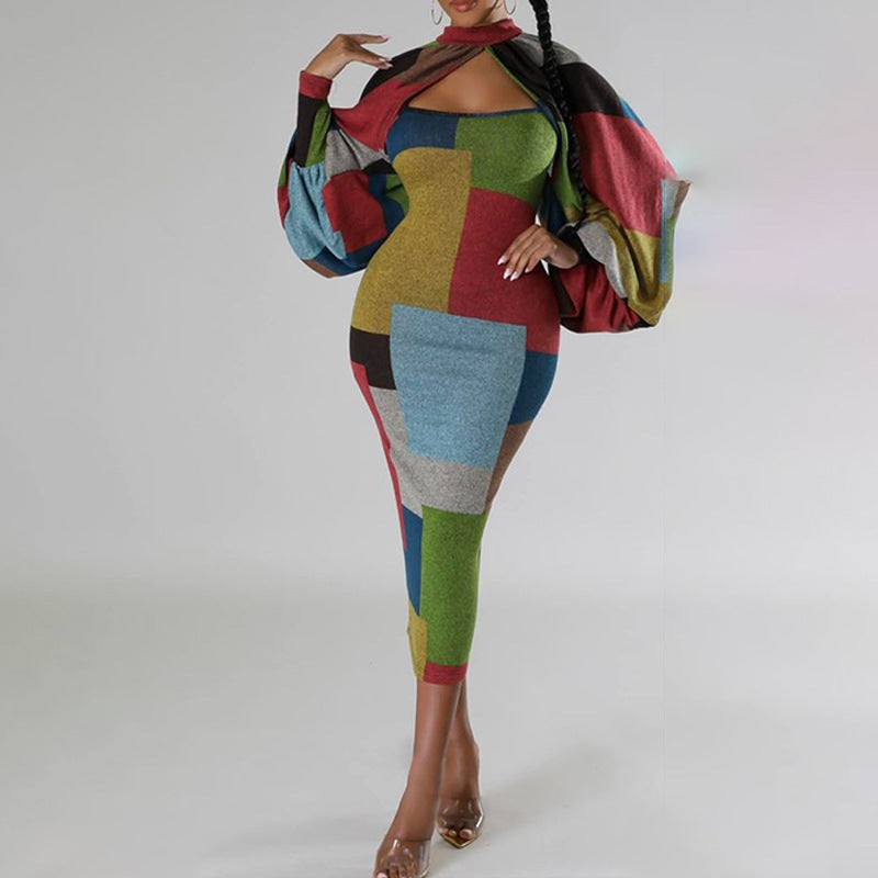 Dame Figursyet Patchwork-Kjole med Pufærmer Stilla