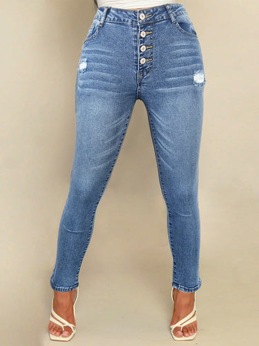 Dame højtaljede skinny jeans med modemæssige knapdetaljer og afslappet distressed-effekt Stilla
