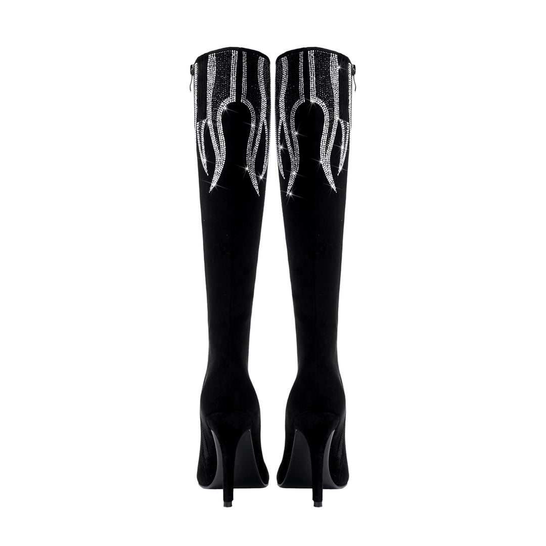 Femme Over-the-Knee Stiletto-støvler med strass-flamme-design Stilla