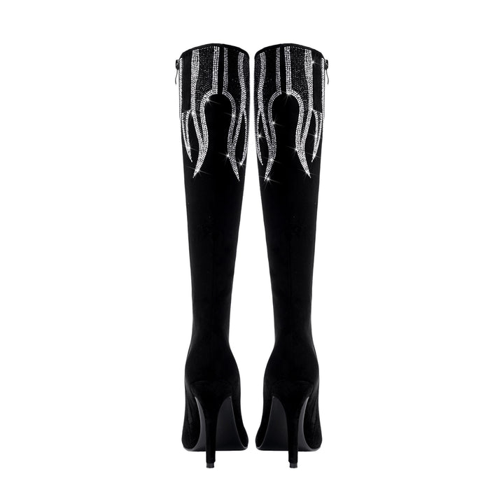 Femme Over-the-Knee Stiletto-støvler med strass-flamme-design Stilla
