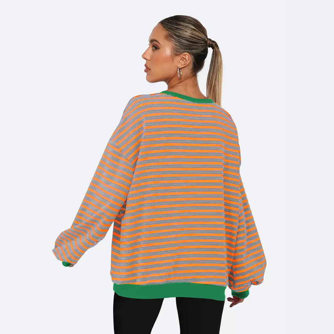 Dame Oversized Sweatshirt med stribet design og komfortable pufærmer Stilla