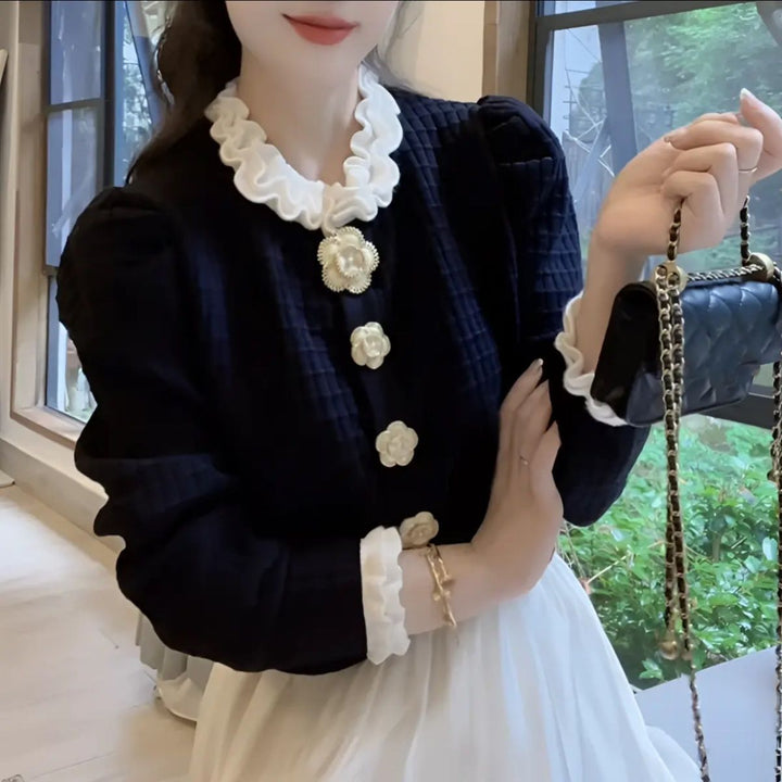Dame Elegant Cardigan med Blomster Accent Stilla