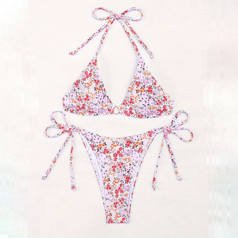 Kvinder Triangel-Bikini med blomsterprint og justerbare bindebånd Skovae