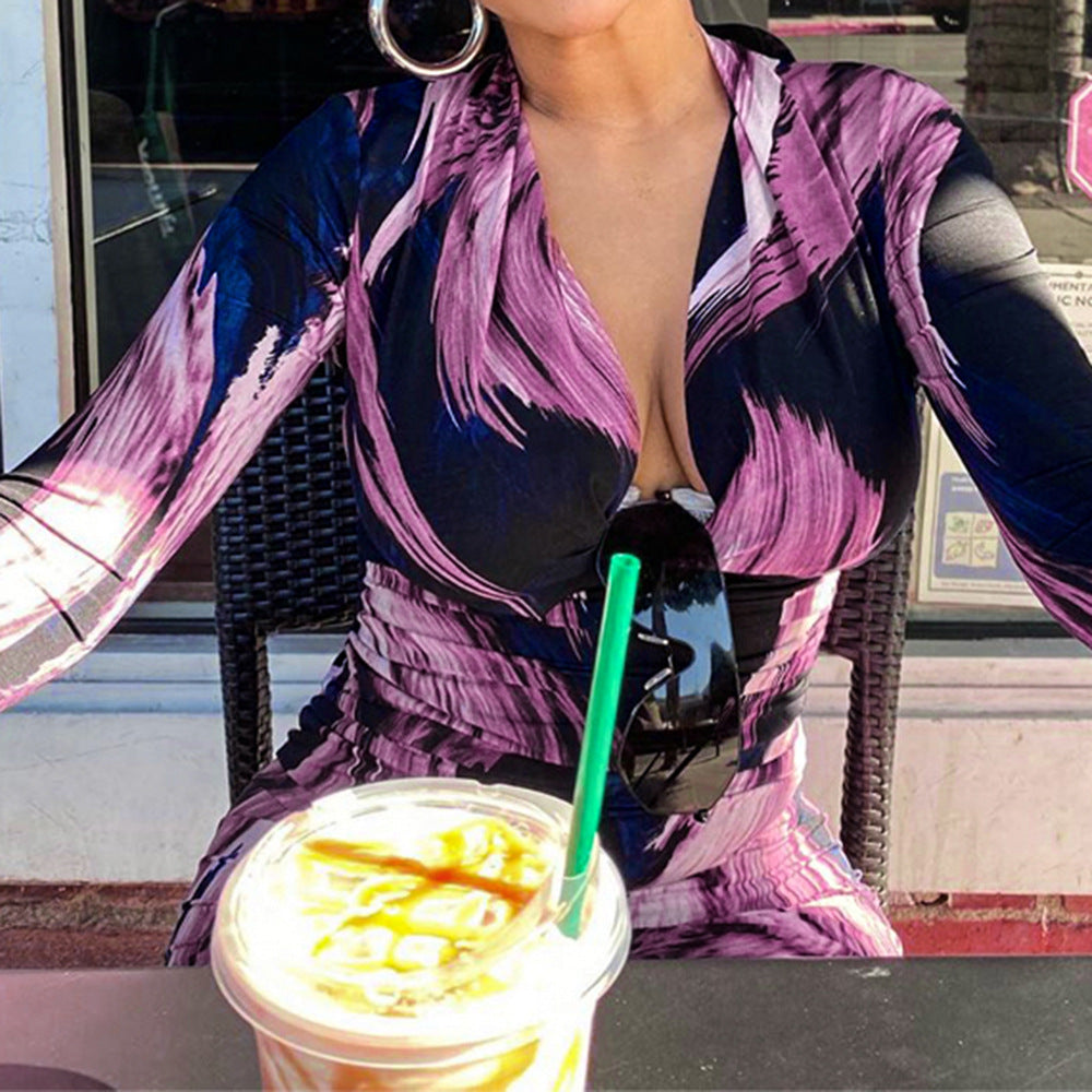 Kvinders elegante indpakningskjole med dyb V-udskæring og moderne mønster Stilla