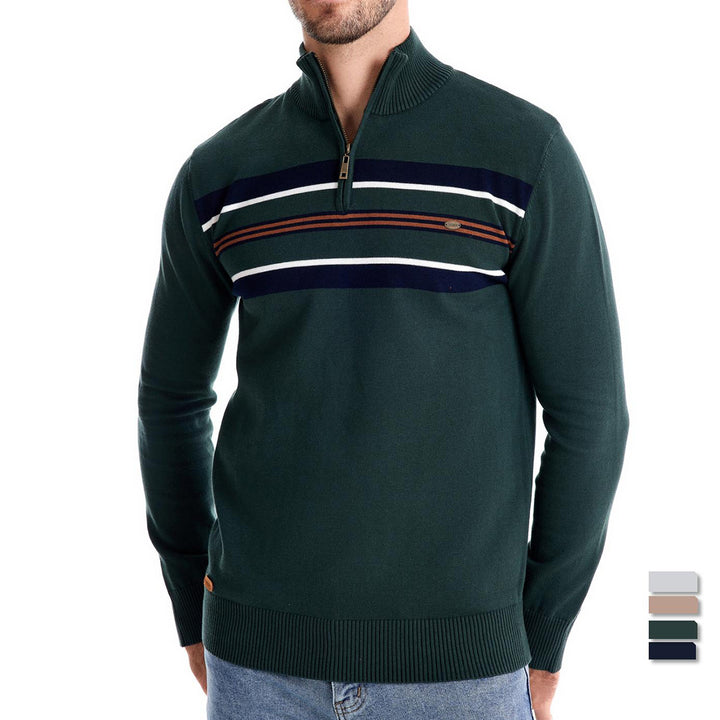 Herre sweater med ståkrave og sporty stribemønster Stilla