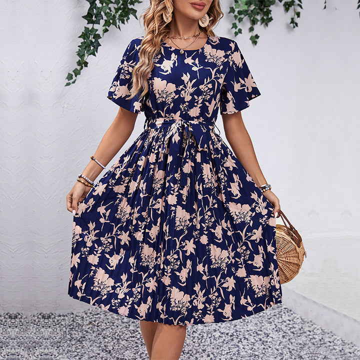 Dame Floral Print Bindebælte Midi Kjole Stilla