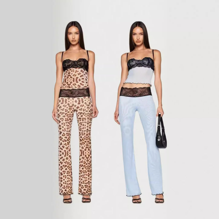 Dame leggings sæt med forførende spidse detaljer og moderne leopardprint Stilla