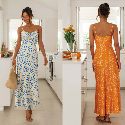Dame sommers maxikjole med delikat blomster mønster og skulderfri stropper Stilla