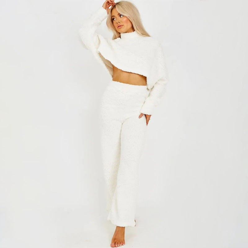 Dame Mode Cropped Sweater og Fluffy Bukser Sæt Stilla