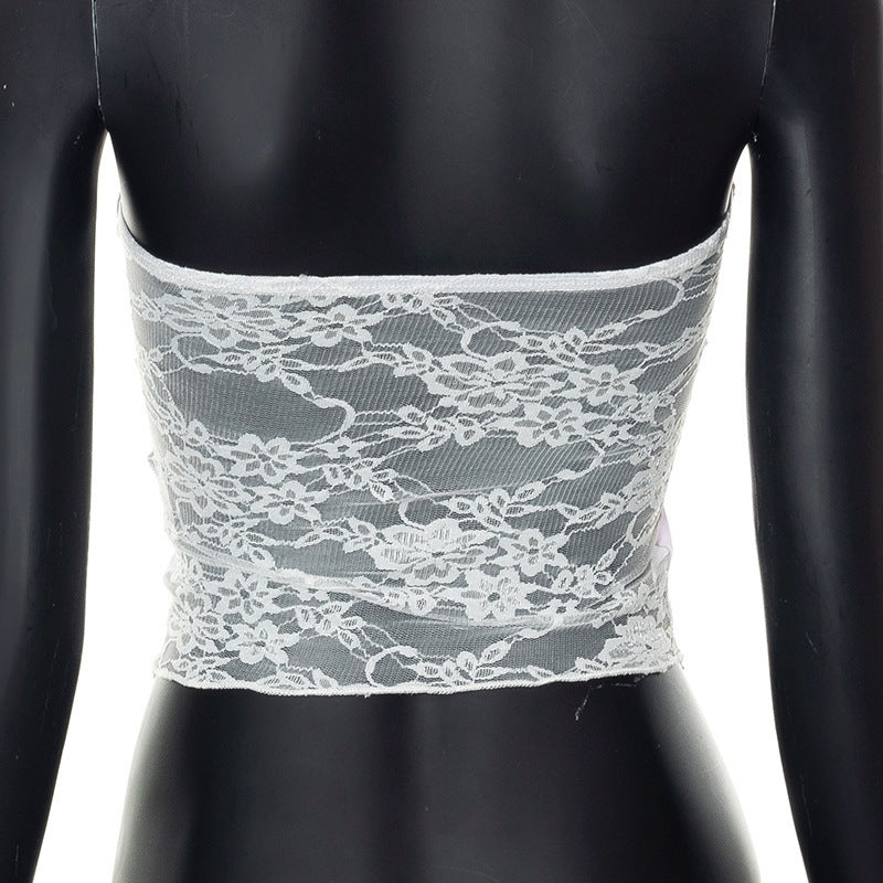 Dame bandeau-top med blomsterdetaljer og spidsafslutning Skovae