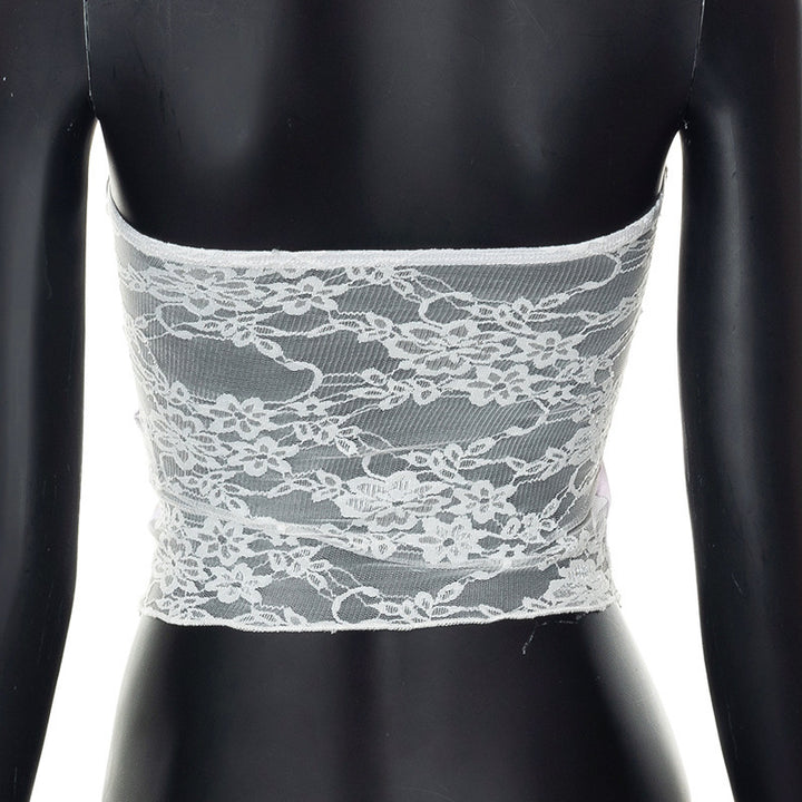 Dame bandeau-top med blomsterdetaljer og spidsafslutning Skovae