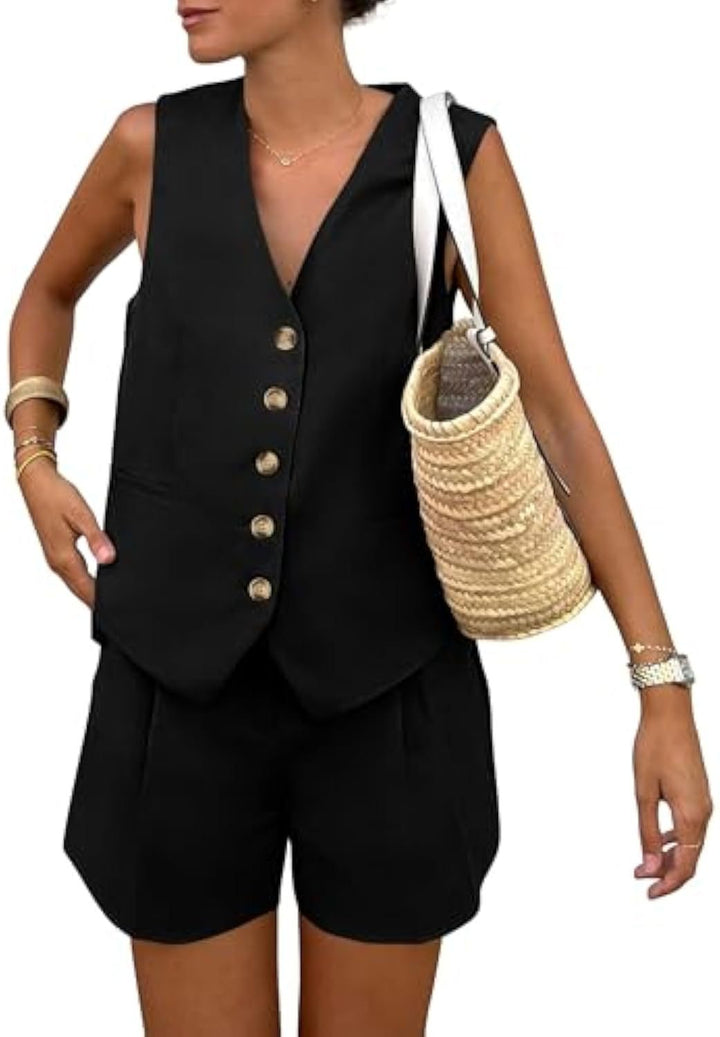 Dame elegant jumpsuit sæt med tætsiddende snit og dekorative knapdetaljer Skovae