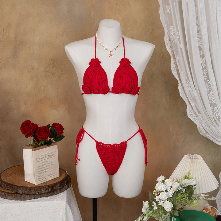 Dame Elegant Hæklet Bikini Sæt med blomsterapplikationer Skovae