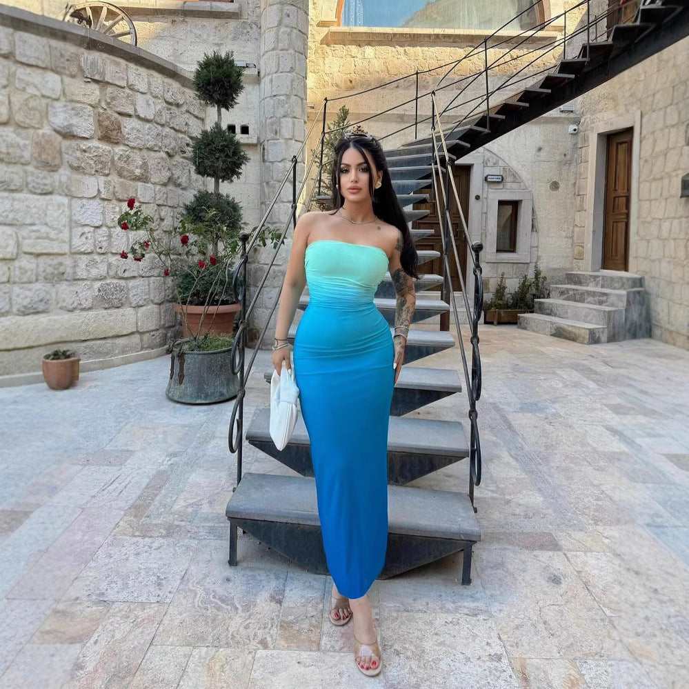 Dame elegant strapless maxikjole med farveovergang Skovae