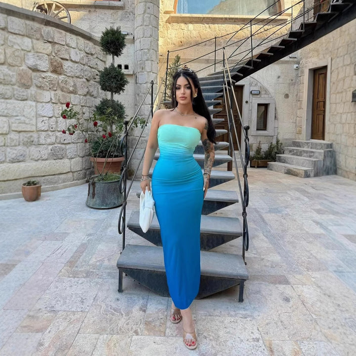 Dame elegant strapless maxikjole med farveovergang Skovae