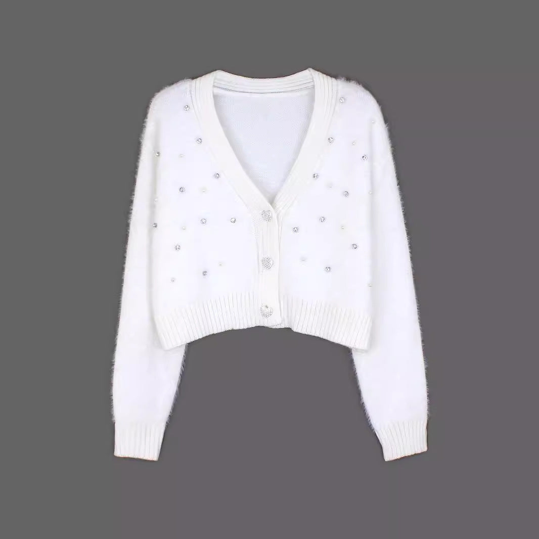Dame Fuzzy Cardigan med perlepynt Stilla