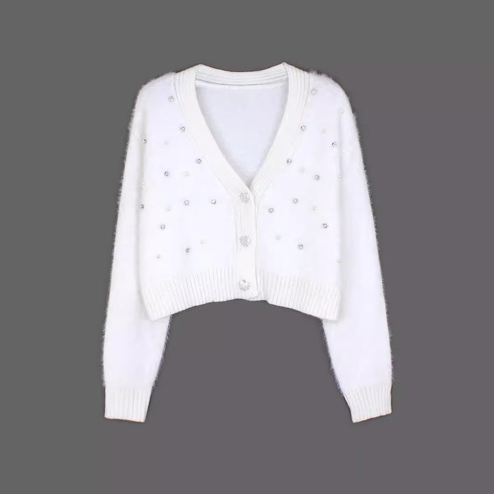 Dame Fuzzy Cardigan med perlepynt Stilla