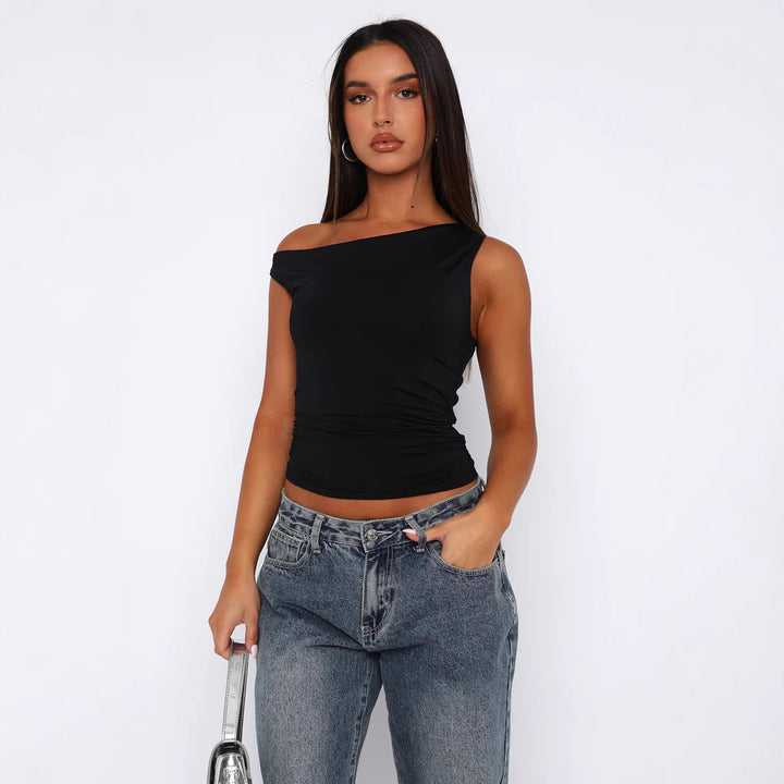Dame Crop-Top med blomstret design og off-shoulder skæring Skovae