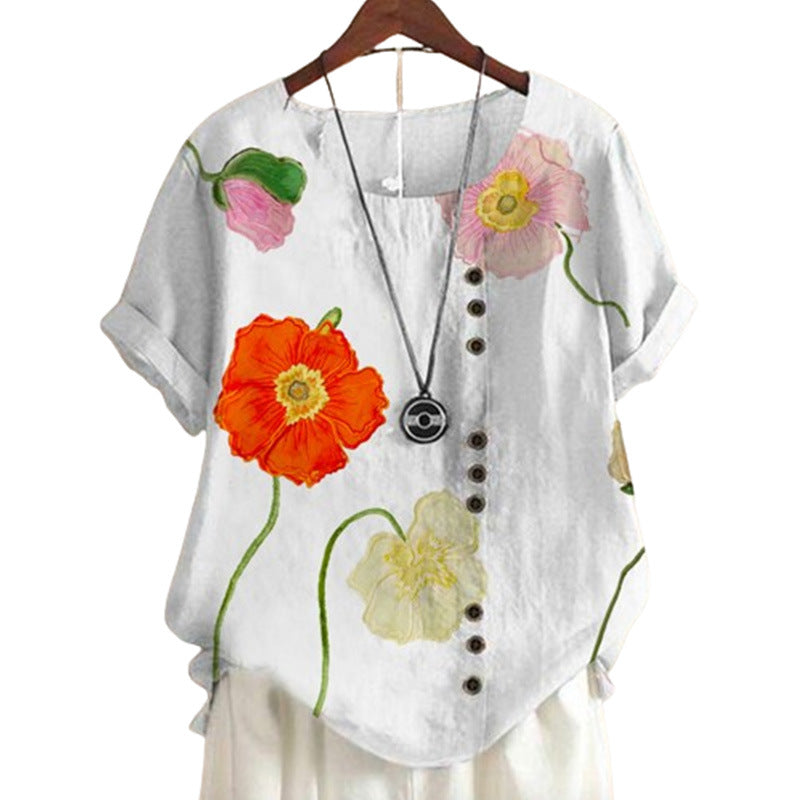 Dame kortærmet bluse med floral motiv og knapdetalje Stilla
