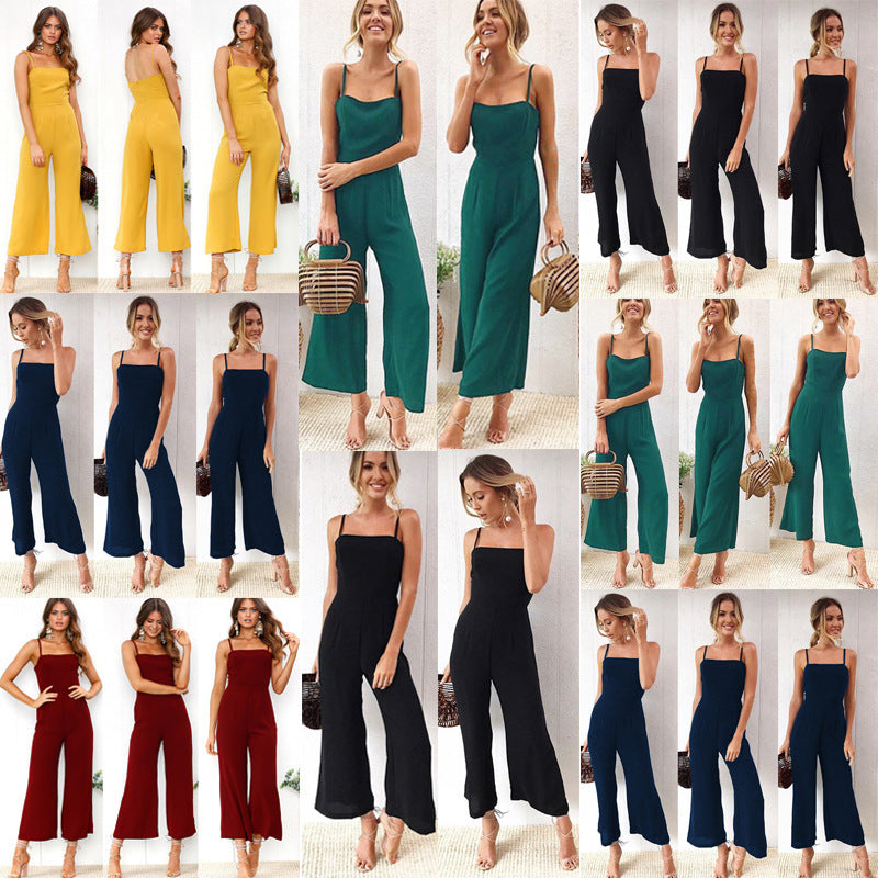 Dame Elegant Jumpsuit med smalle stropper og bredt ben Stilla