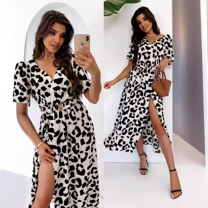 Femme Chic Leopardmønster Wrap-kjole med høj slids og udstillede ærmer Stilla
