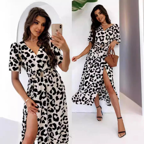 Femme Chic Leopardmønster Wrap-kjole med høj slids og udstillede ærmer Stilla
