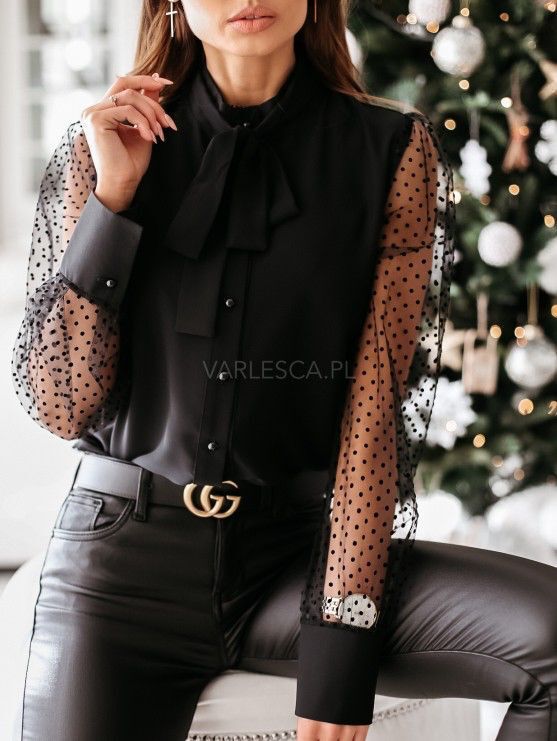Dame Elegant Bluse med transparente Pufærmer og Sløjfedetalje Stilla