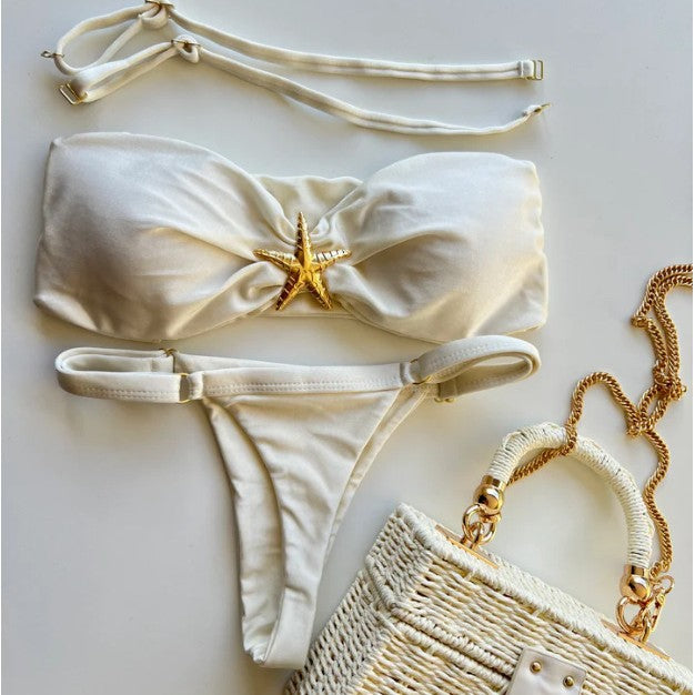 Dame bandeau-bikini med dekorativt stjerne-element og justerbare stropper Stilla