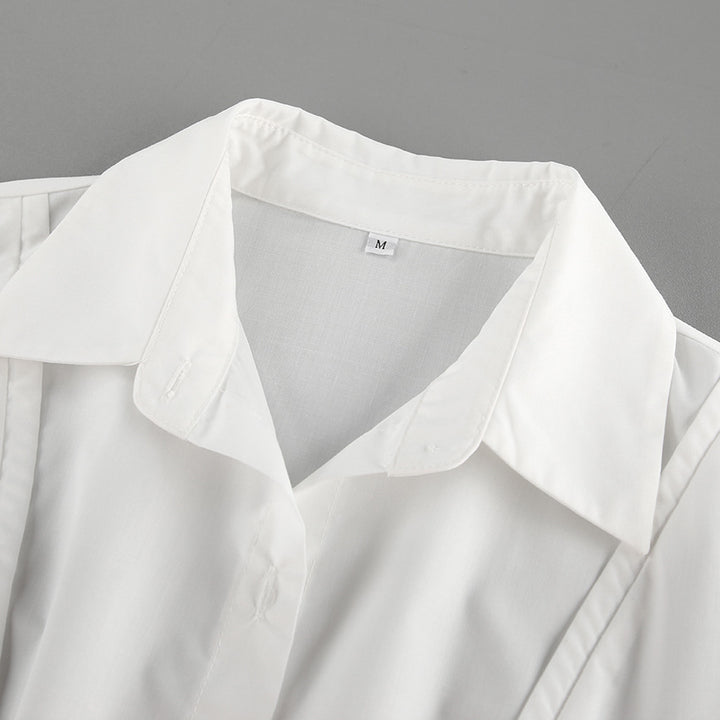 Dame skjortekjole med elegante flæsedetaljer og bindebælte Stilla