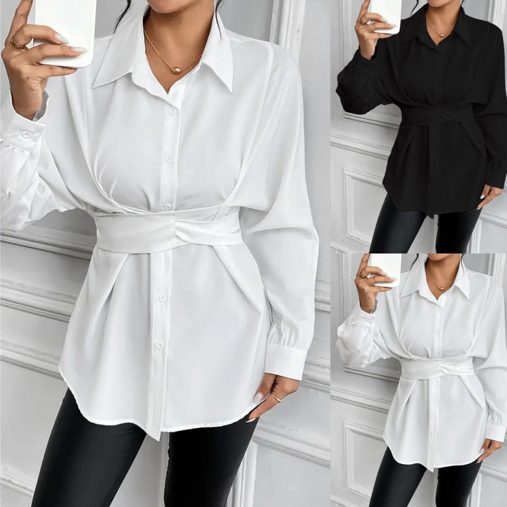 Dame elegant bluse med figursyet bælte og struktureret krave Stilla